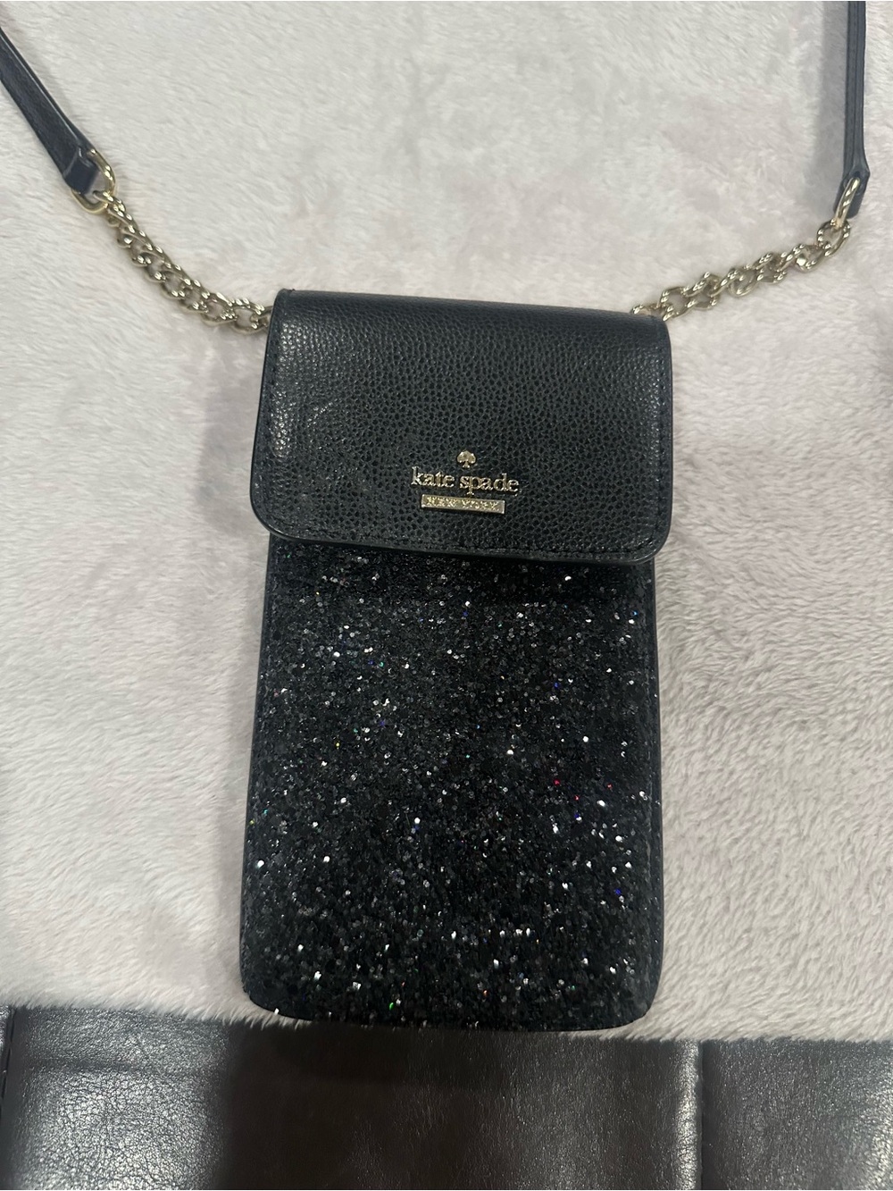 kate spade Black Glitter Crossbody Phone Pouch with Gold Chain Strap